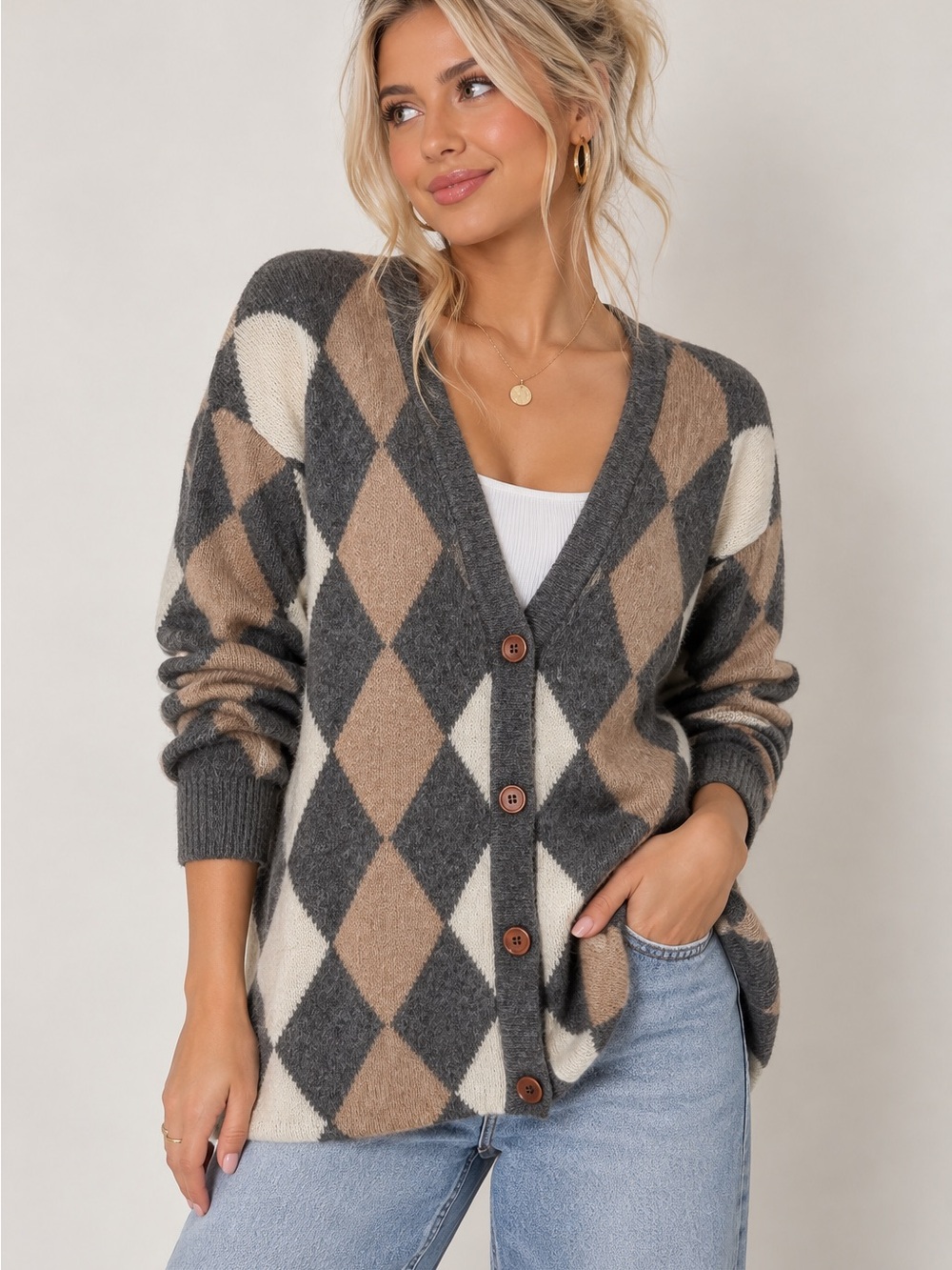 Vintage Casual Corner Angora Lambswool Argyle Cardigan Sweater Small